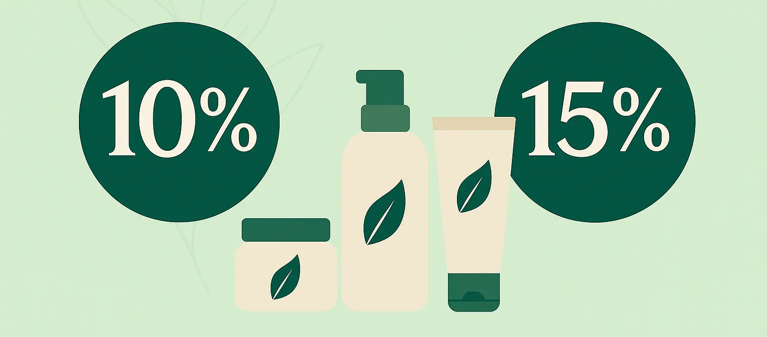 خصم 10% و15% على طلبات إلينا كوزمتكس – اختاري من السلة واستمتعي بالعروض! لافتة عرض خصومات من إلينا كوزمتكس توضح خصم 10% و15% على خلفية خضراء، مع عبوات منتجات وشعار العلامة.