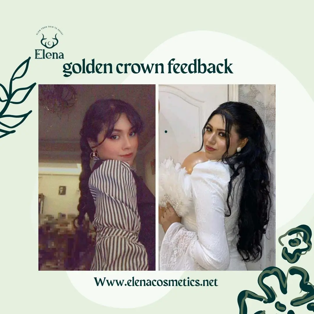 Before and after photos of two Arab customers showing hair transformation using Golden Crown Hair Growth Oil by Elena Cosmetics – from textured to sleek, voluminous black hair.