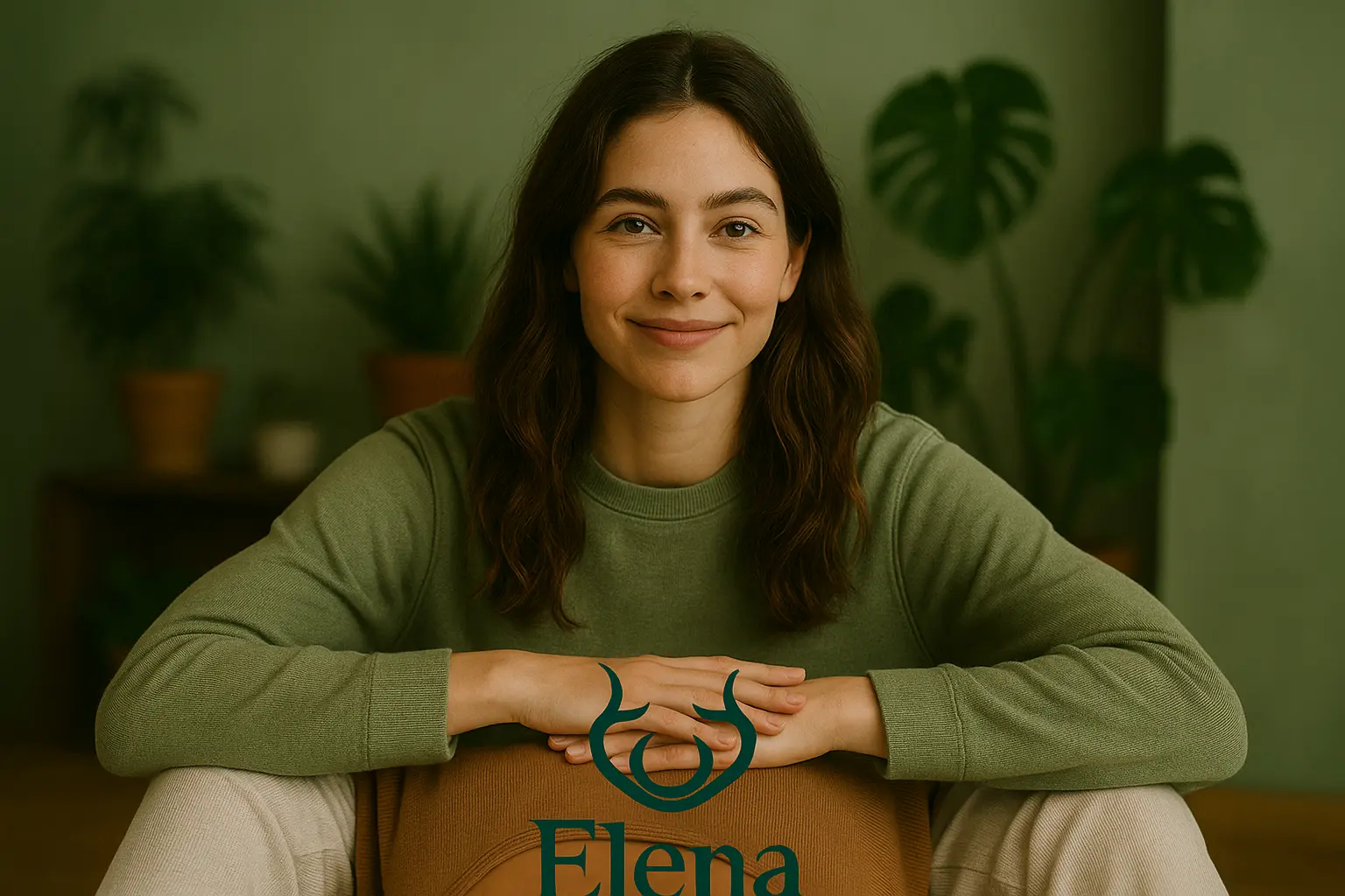 Real woman with glowing skin embodying Elena Cosmetics' natural care philosophy Natural-looking model with radiant skin sitting in a green, plant-filled setting, representing Elena Cosmetics' authentic and nature-inspired brand identity.