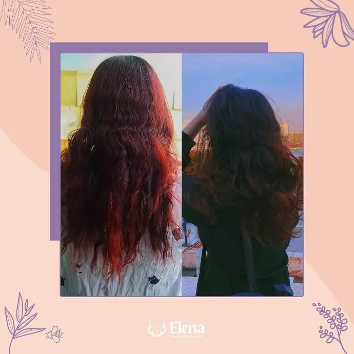 Before and after results of a curly-haired Egyptian woman using Elena Cosmetics hair care products – improved definition and shine.
