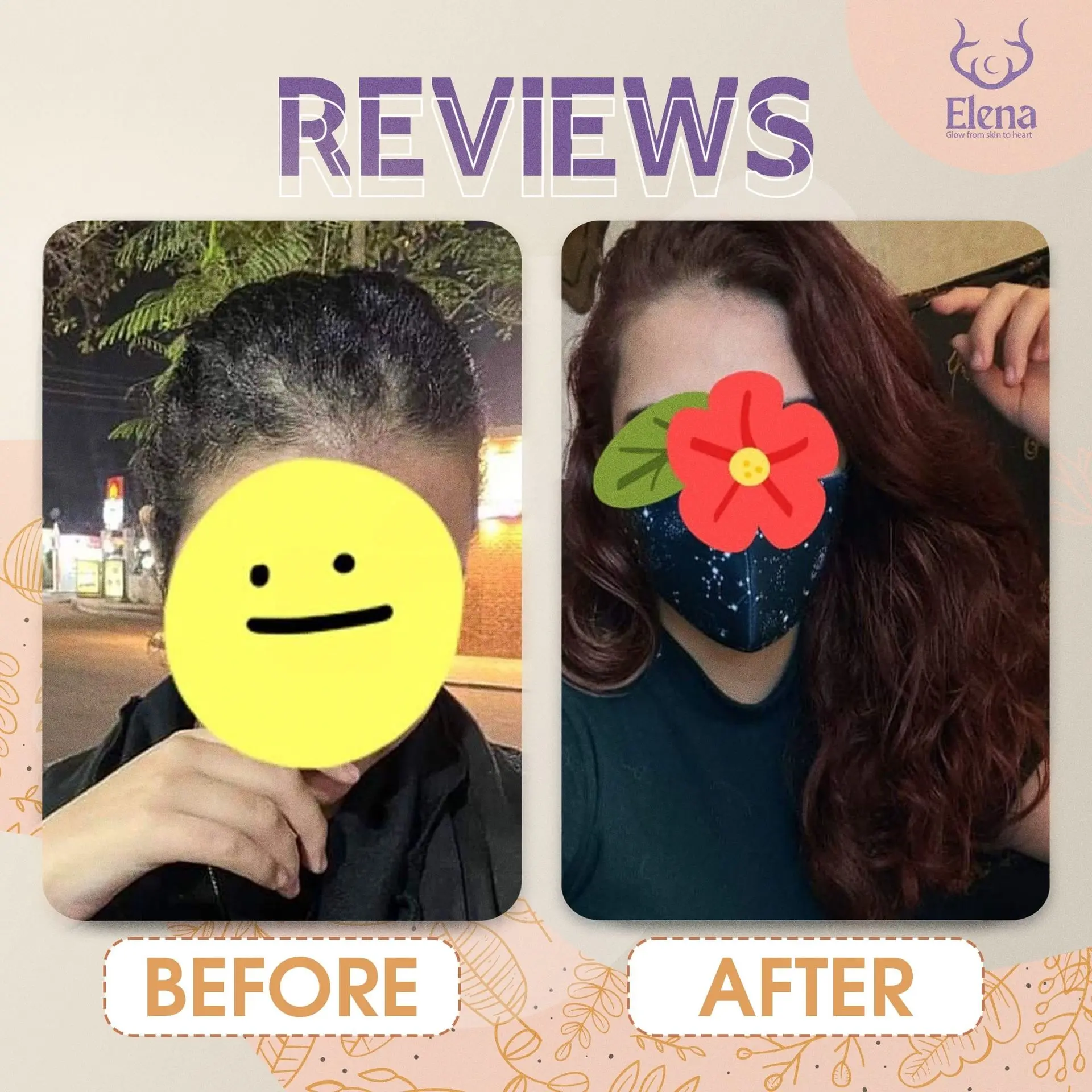 Before and after hair comparison of an Egyptian customer using Elena Cosmetics products – visible improvement in volume, shine, and curl definition.