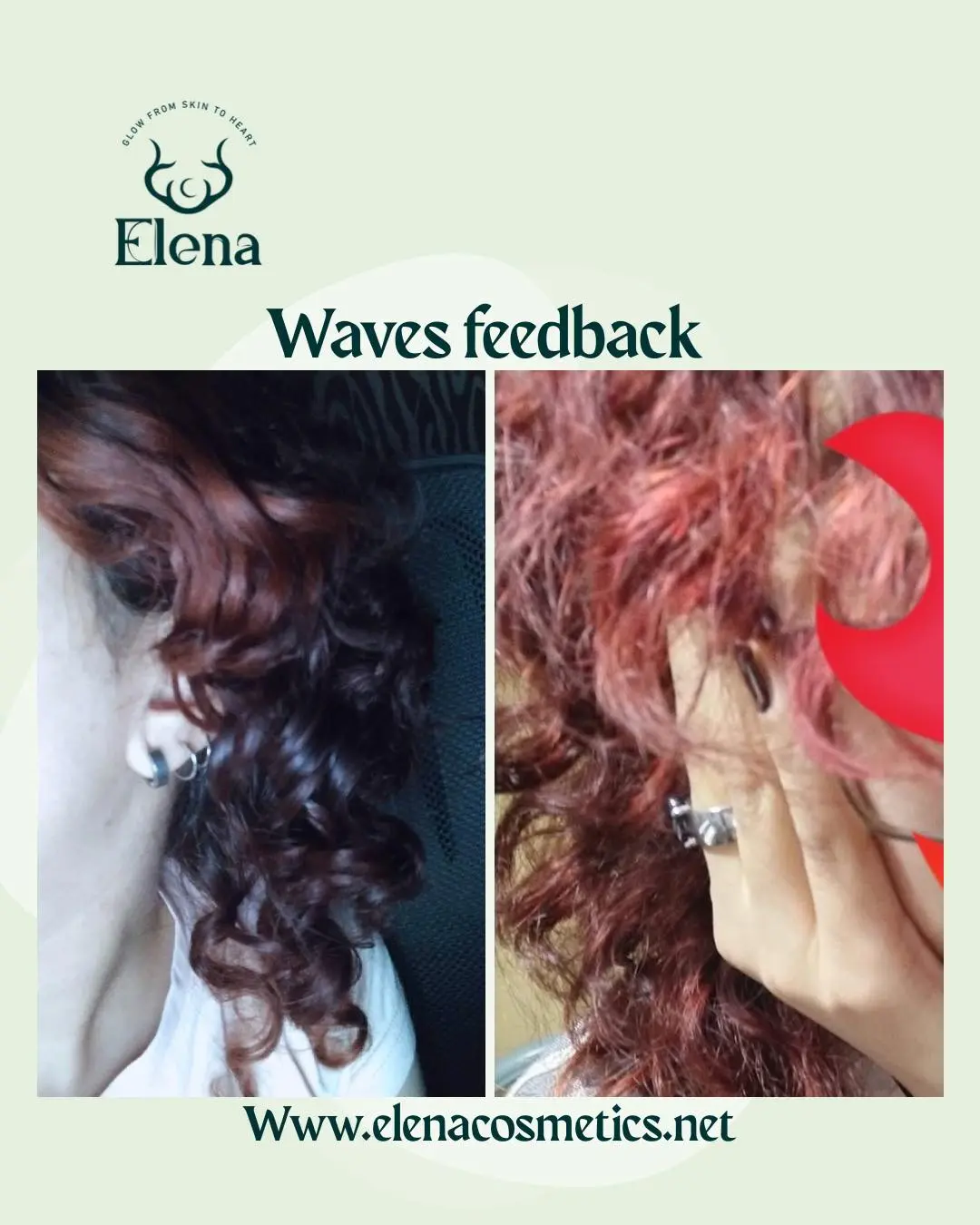 Customer review showing shiny defined curls after using Elena Cosmetics Waves haircare set for deep hydration and protection.