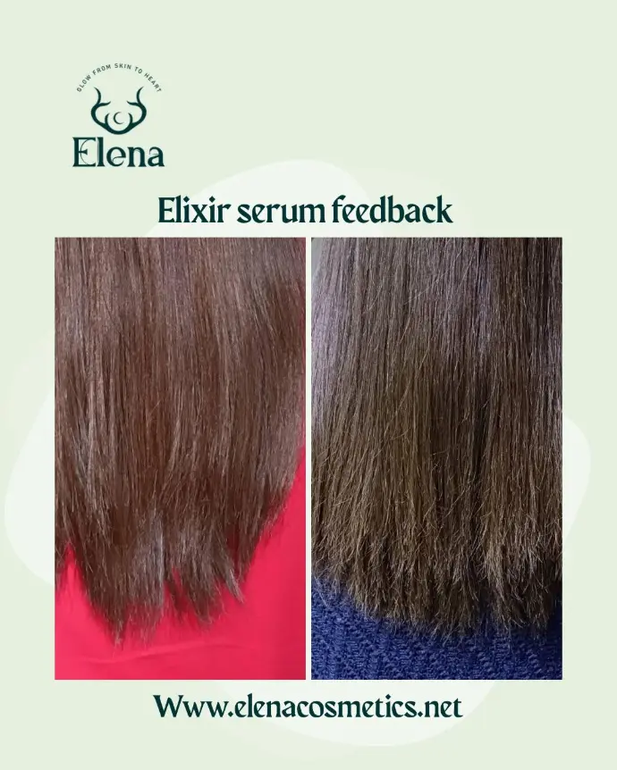 Before and after customer feedback showing smoother, healthier hair ends after using Elena Cosmetics Elixir Hair Repairing Serum for damaged hair and split ends.
