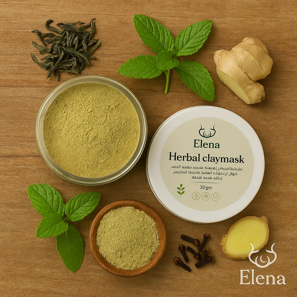 herbal-clay-mask-flatlay-green-tea-ginger-mint-elena-cosmetic.webp