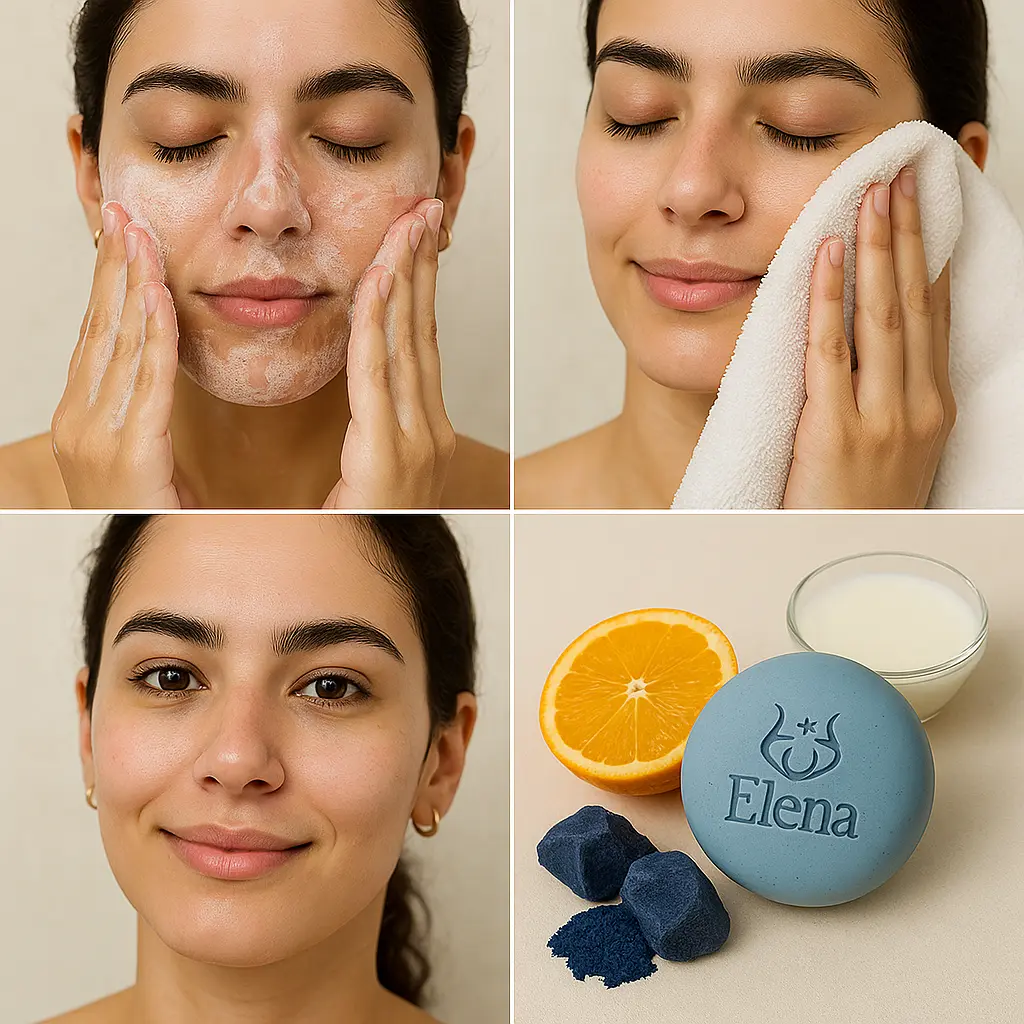 elena-blue-soap-application-steps-glow-effect-natural-cleansing.webp